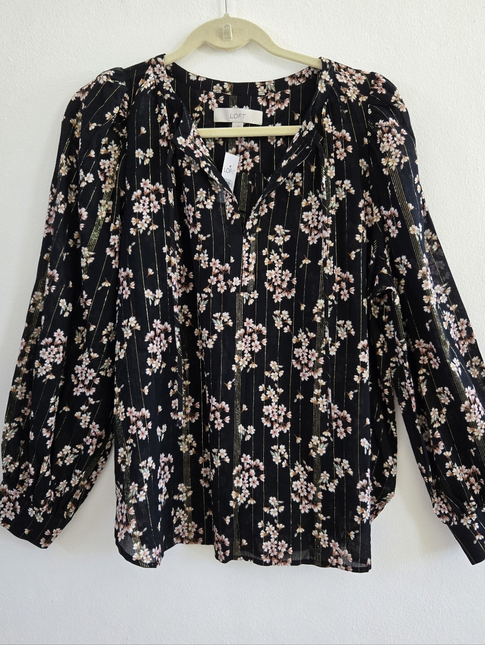 LOFT Black Blouse with Pink Floral & Gold Pinstripe Size L